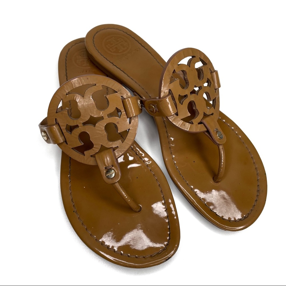 ❎ SOLD Tory Burch Miller Sandals Patent Leather Tan Brown Size 9 - Picture 1 of 14